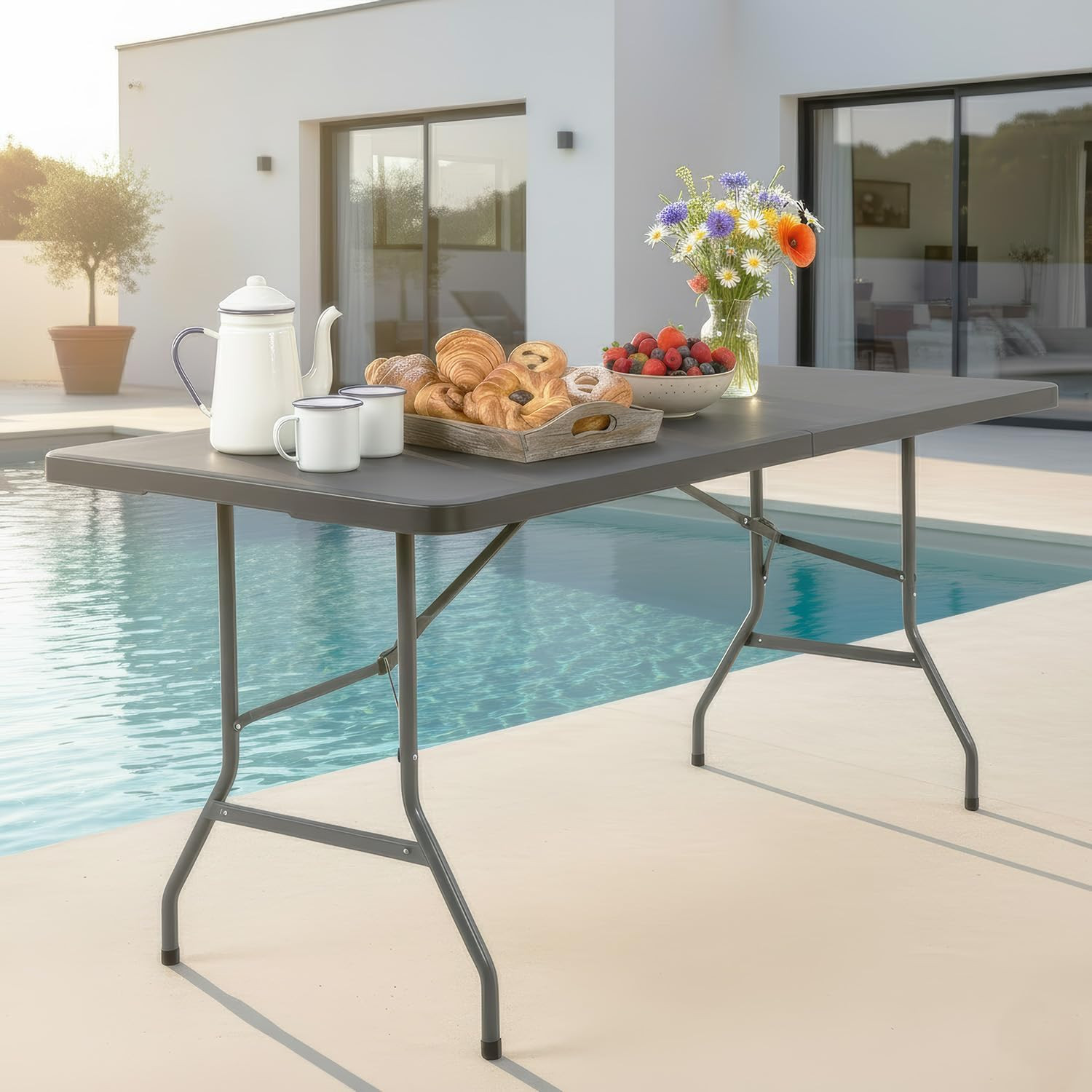 6FT Folding Table, Portable Fold-In-Half Plastic Picnic Party Table with Carryin