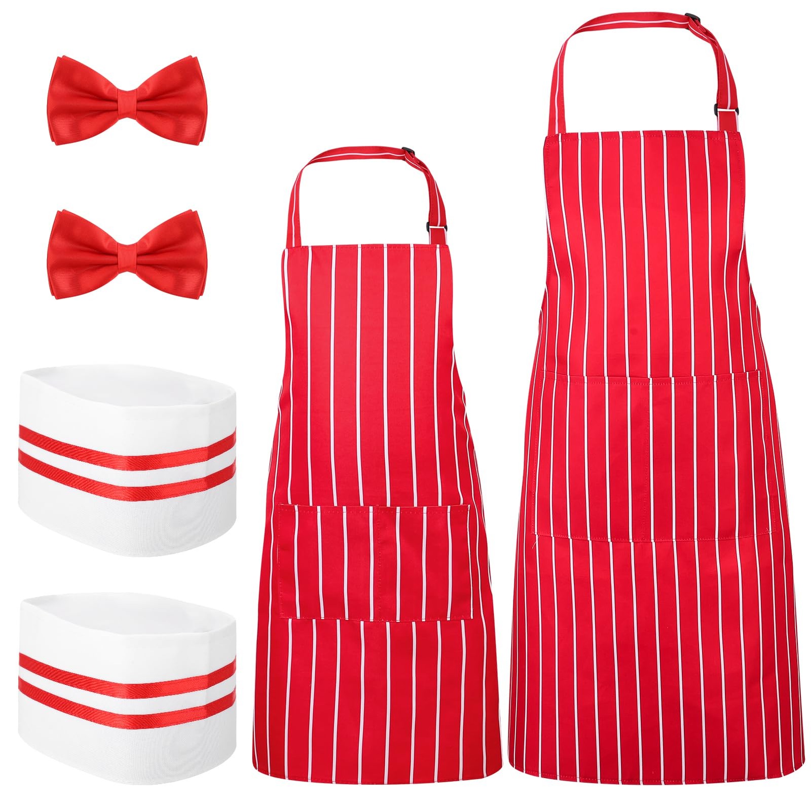 6 Pcs 1950s Waiter Costume Kit, Soda Jerk Costume Kit, Red and White Striped Apr