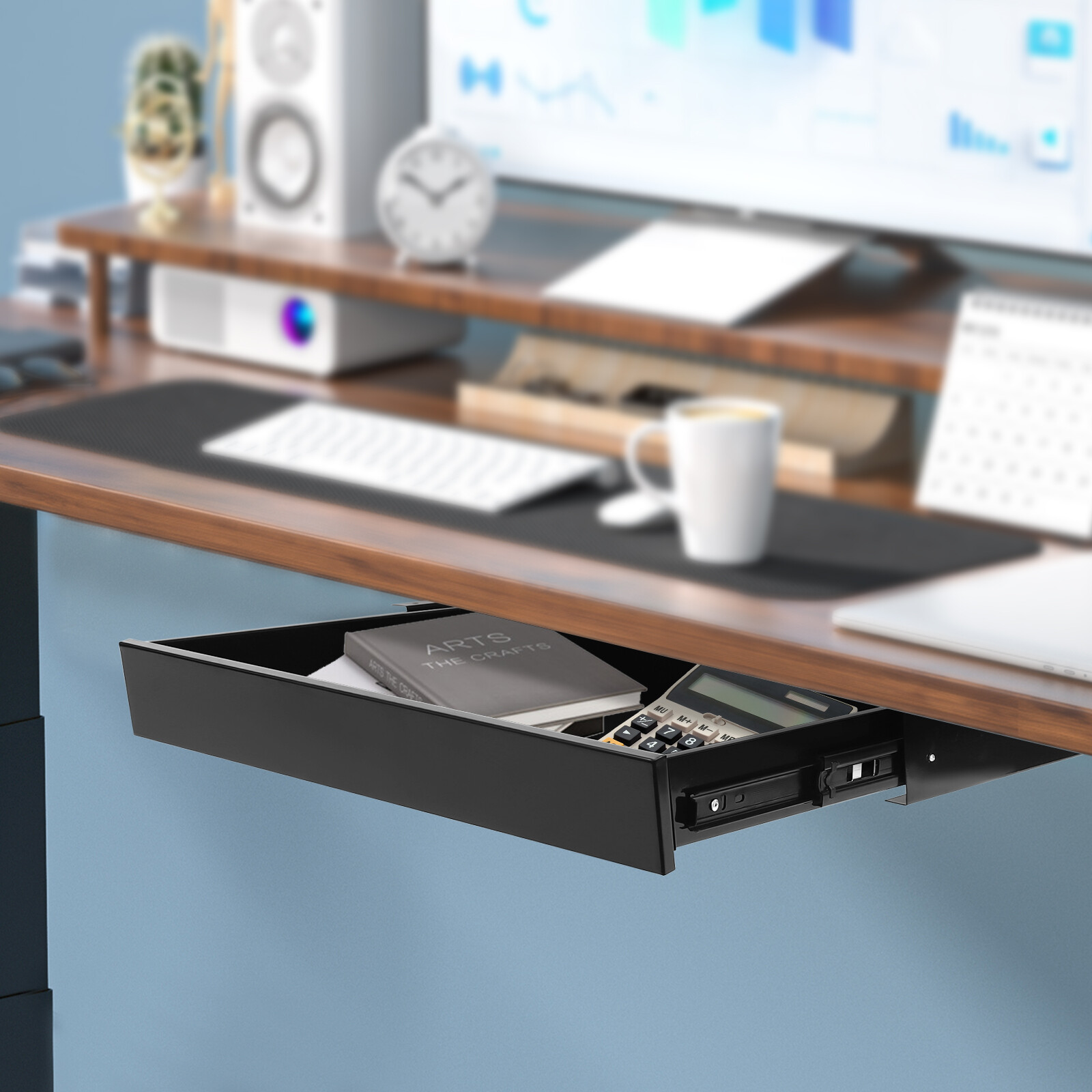 Under Desk Mounted Sliding Pull-out Drawer Storage Organizer For Workstations