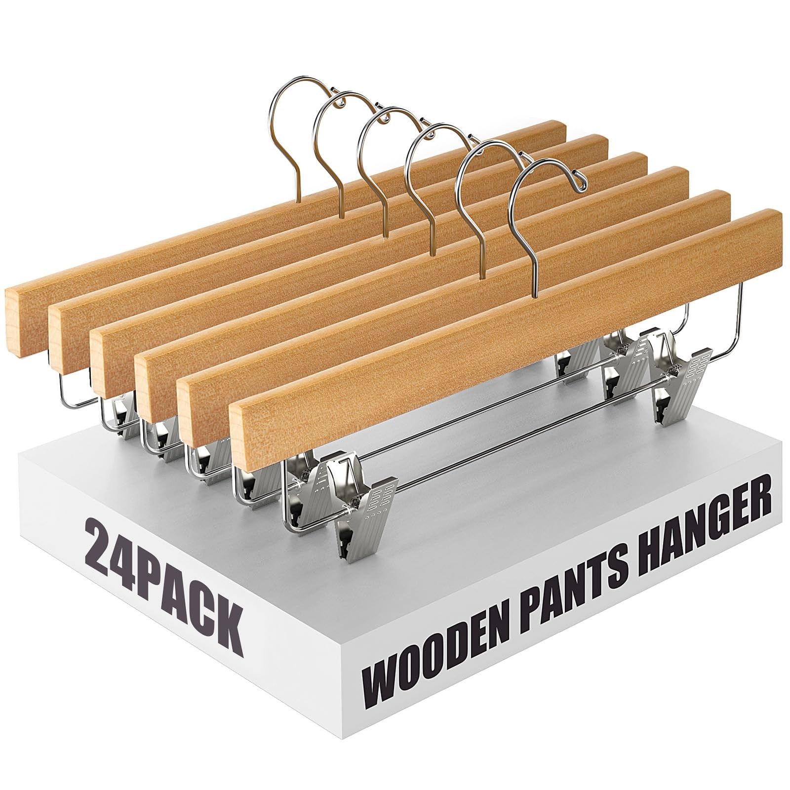 Pants Hangers 24 Pack,Solid Wooden Smooth Finish Pants Hangers Whit Clips,Ski...