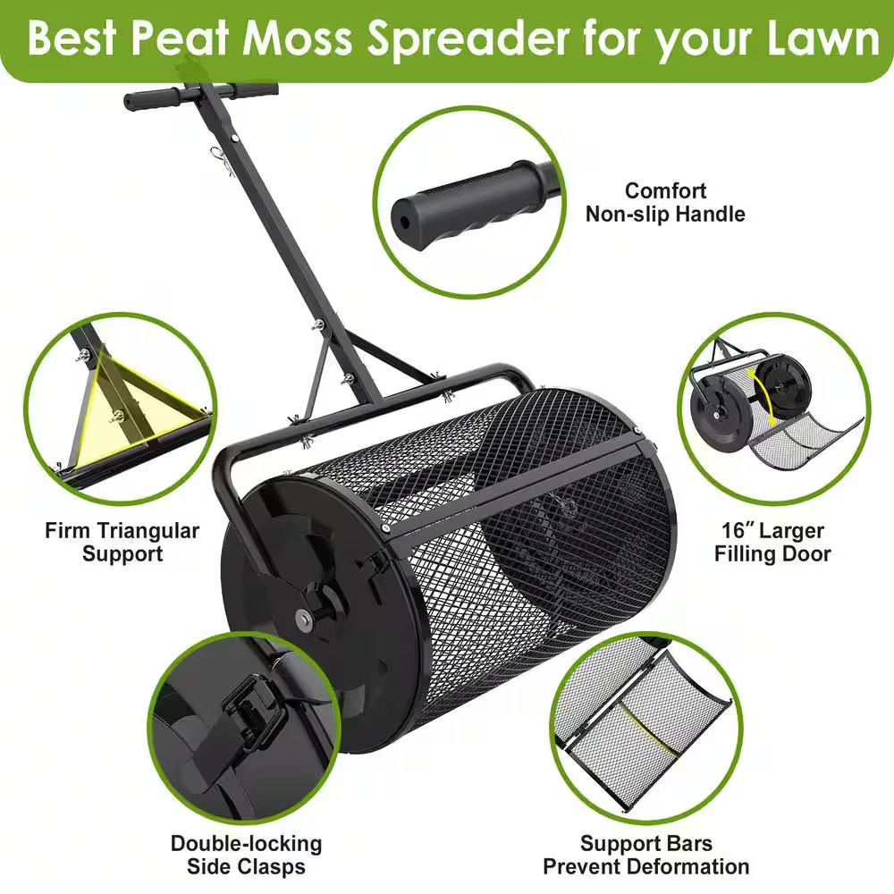 24 In. Black Compost Handheld Spreader Peat Moss Spreader, Lawn Garden Spreader