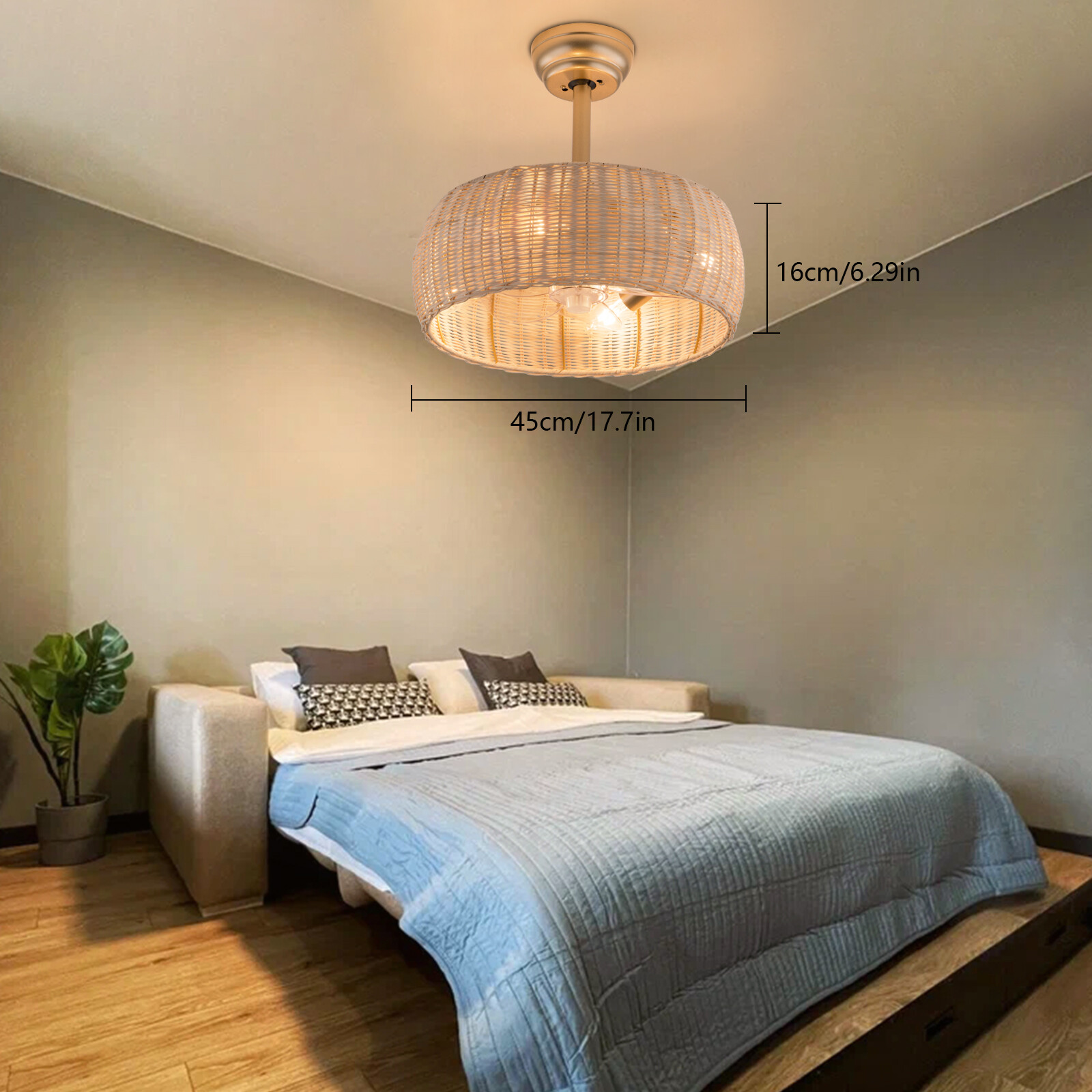 18.5" Rattan Caged Ceiling Fan Light Bamboo Fan Chandeliar for Bedroom w/ Remote
