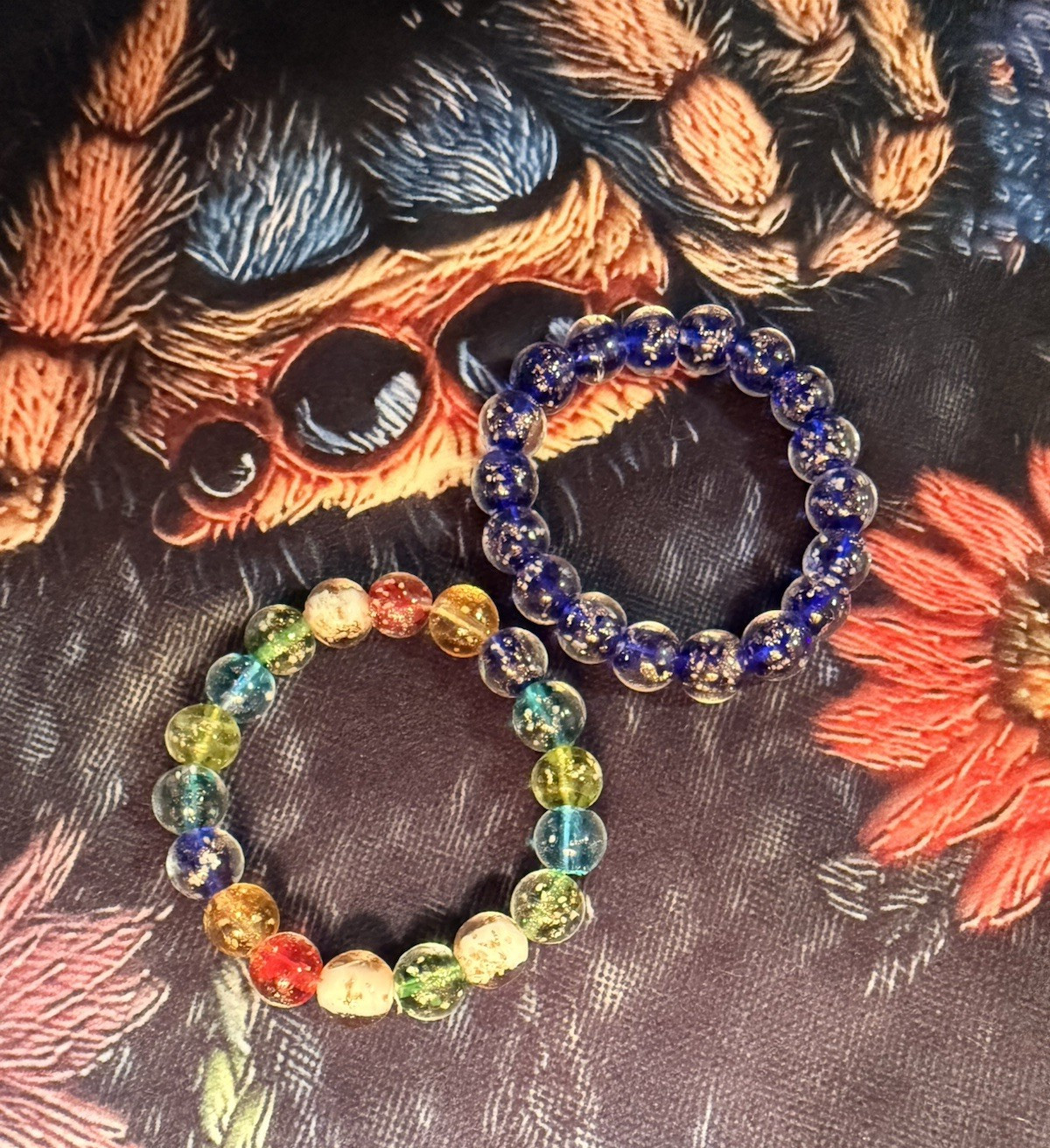 2 Lampwork Glass Gold Foil Bead Stretch Bracelets Rainbow Multicolor Cobalt