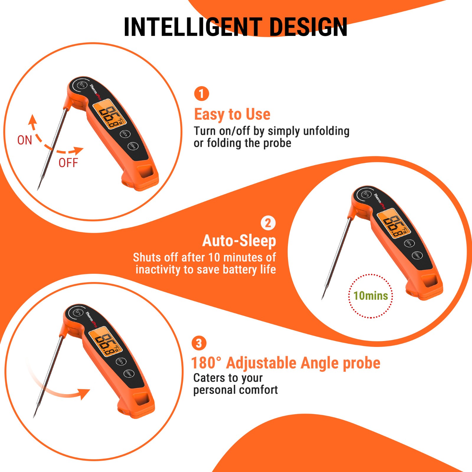 ThermoPro TP605W Instant Read Meat Thermometer Waterproof Backlit Foldaway Probe