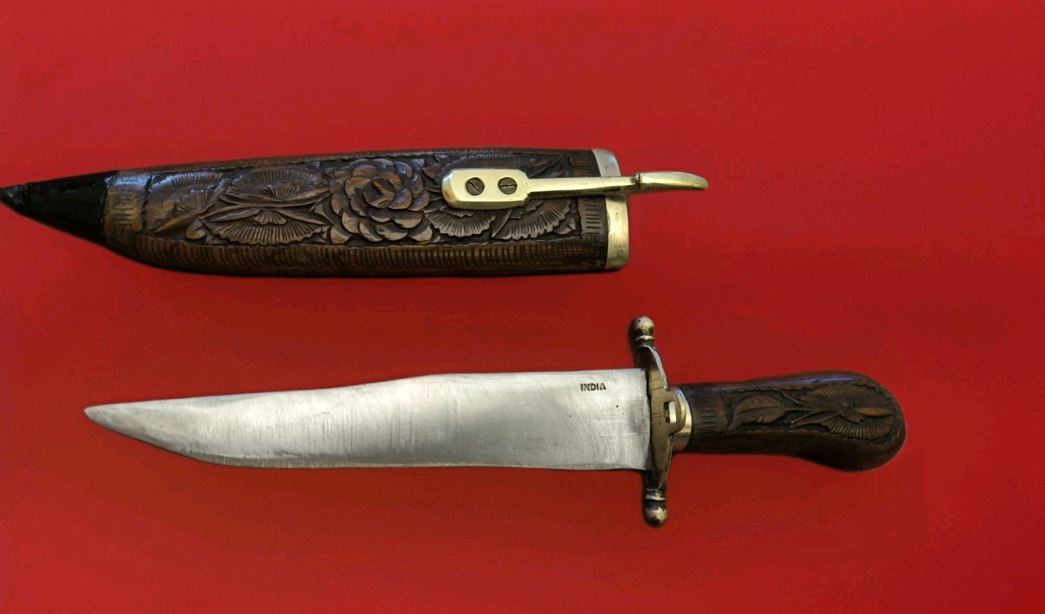 Vintage Dagger Knife Hand Carved Wood Sheath Brass Lock India