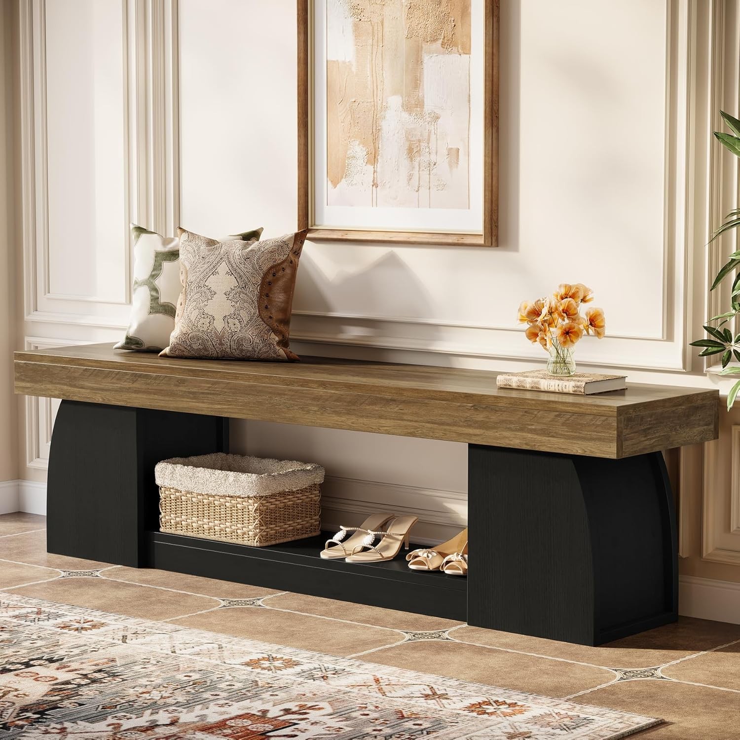 63 Inch Entryway Bench with Storage, Farmhouse Long End of Bed Bench for Bedroom