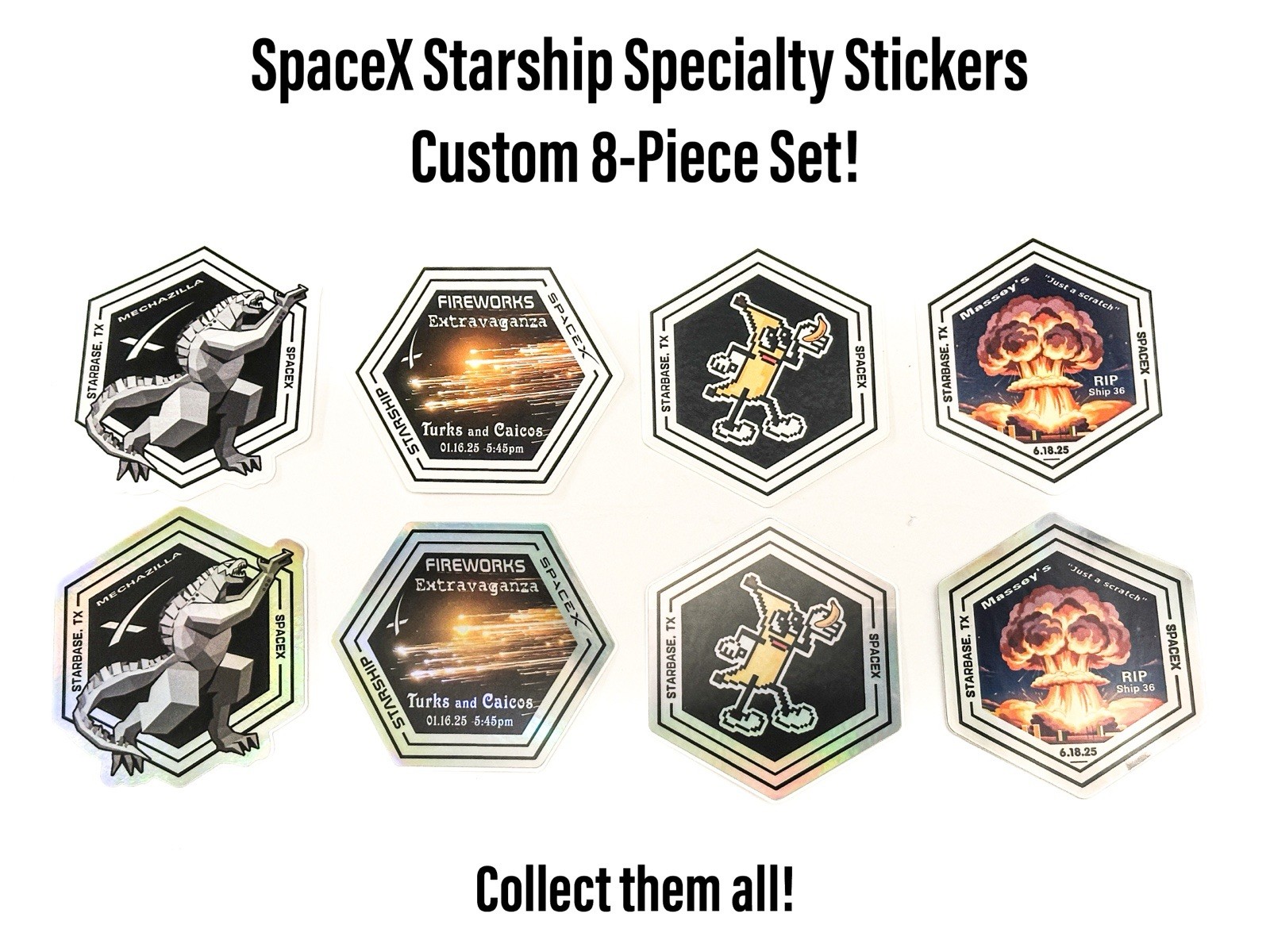 SpaceX Starship Specialty Custom 8 Piece Sticker Set S36 Mechazilla Turks Banana