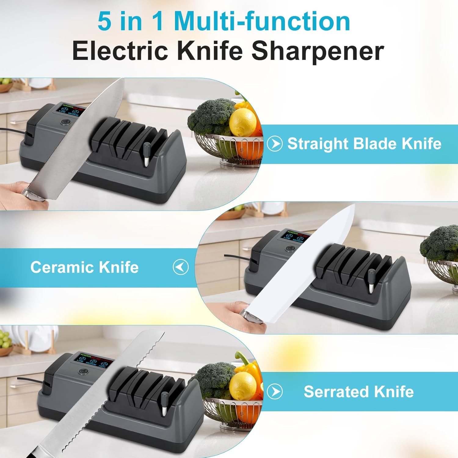 5 in 1 Electric Knife Sharpener-3 Rotational Speed Adjustable Knife Sharpener