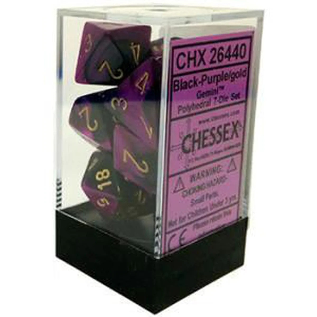 Chessex Gemini™ Black-Purple Polyhedral Dice with Gold Numbers - Set of 7