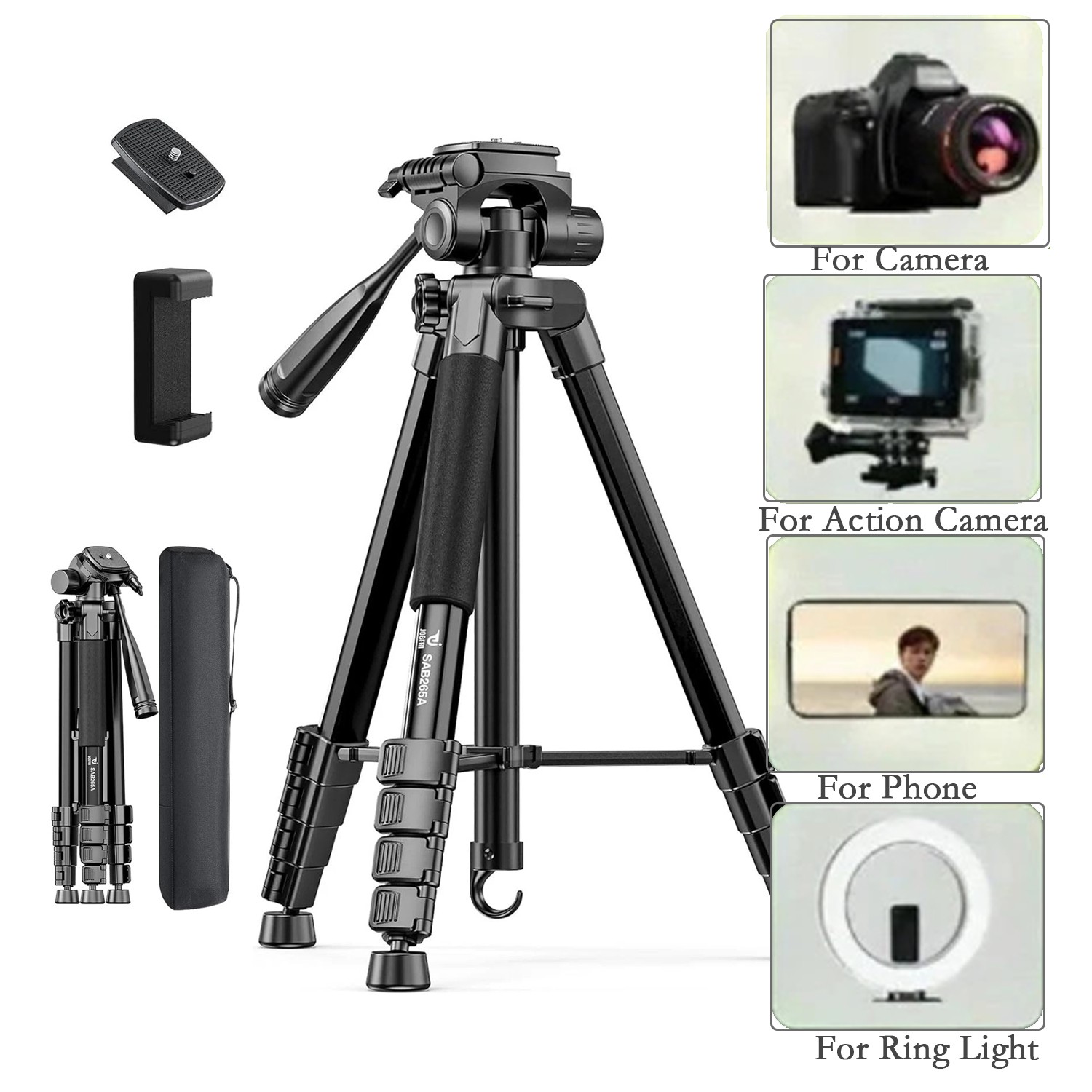 73" Aluminum Camera Tripod  with Quick Release, Phone Clip & Carry Bag for DSLR