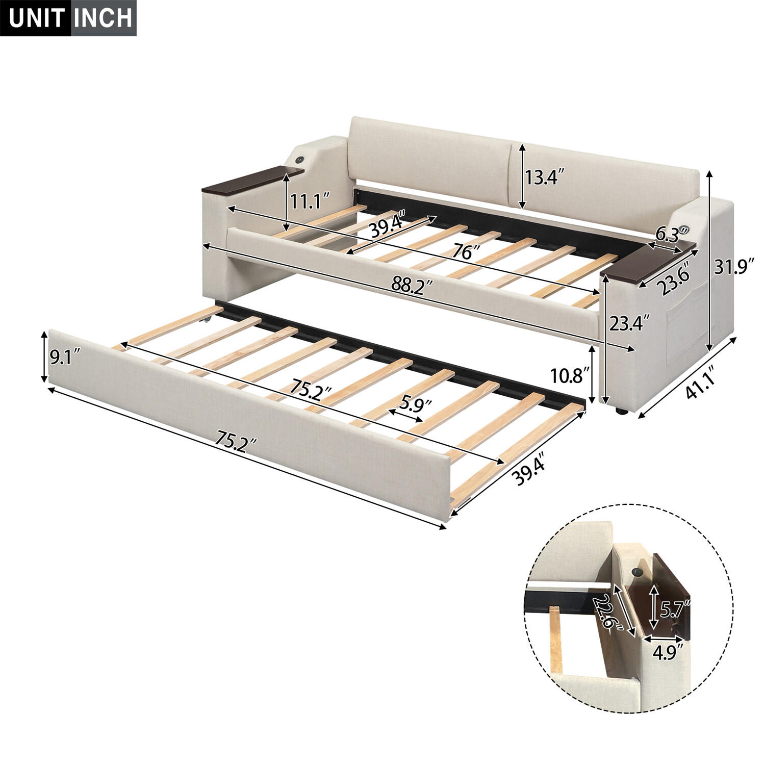 Twin Size Daybed Upholstered Bed Frame Sofa Bed with Trundle Bed Beige