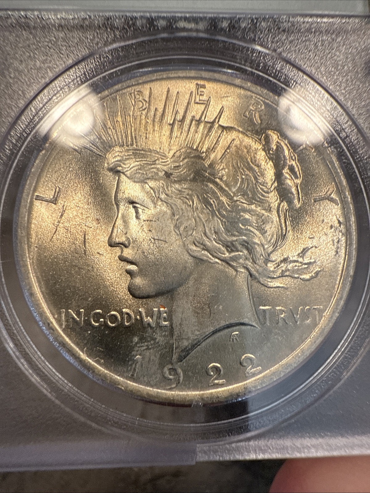 1922 Peace Silver Dollar PCGS MS64 Rattler OGH Nicely Toned