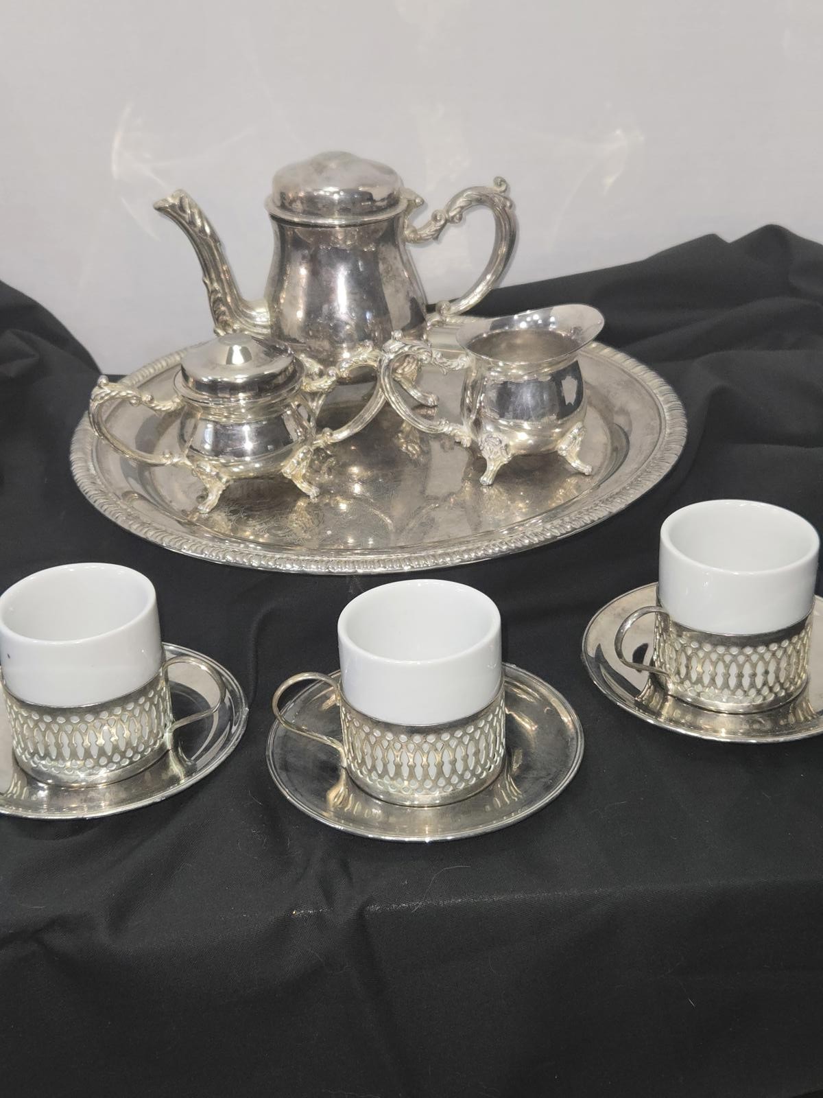 Vintage Silver Tea Set with Tray and Cups