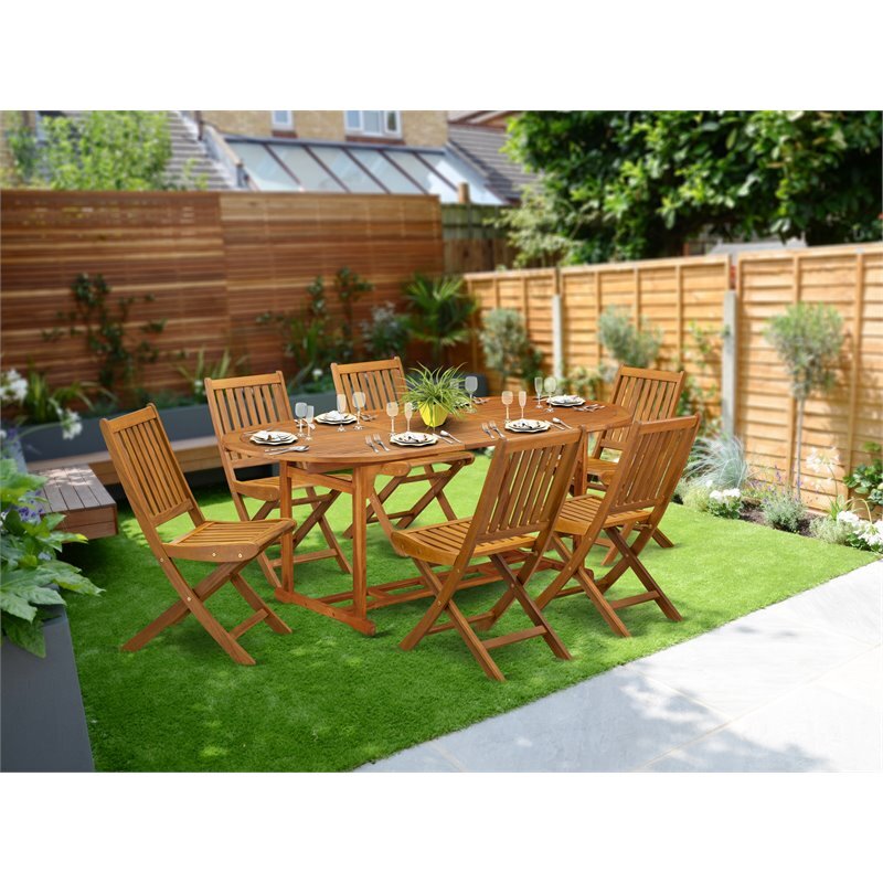 East West Furniture Beasley 7-piece Patio Dining Set w/ Slat Back in Natural Oil