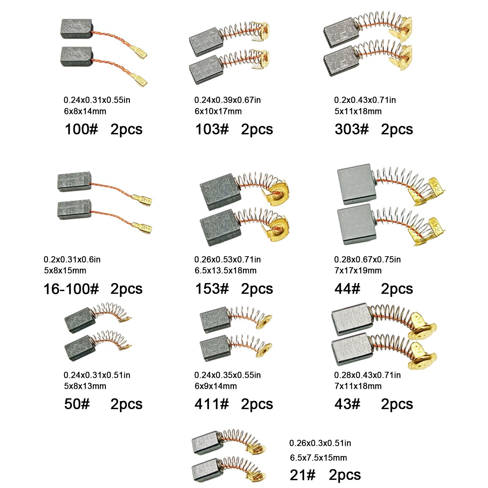 20Pcs 10 Sizes Electric Motor Carbon Brushes Replacement for Power Tool