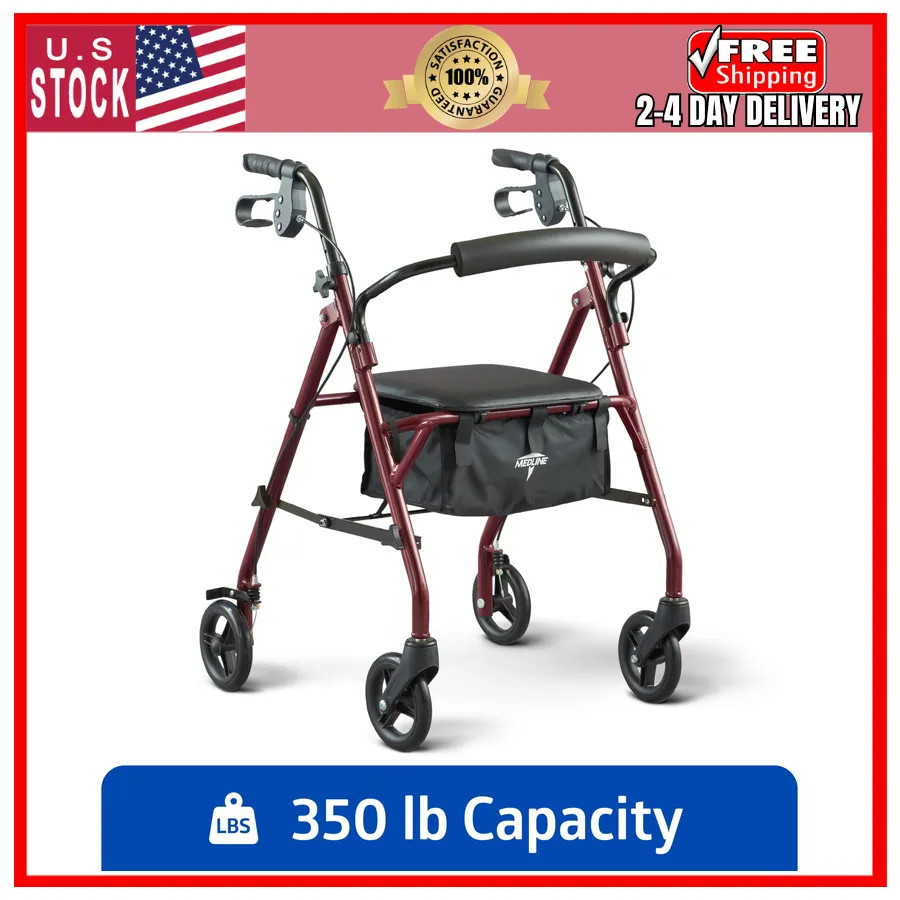 Medline Steel Rollator Walker with Seat, Foldable, Burgundy