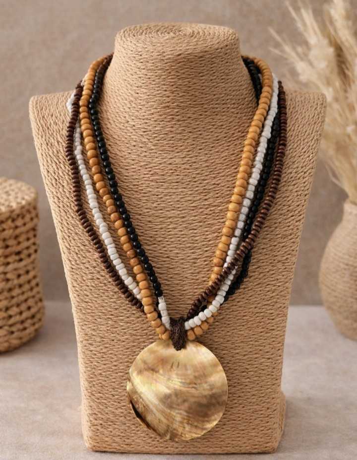 Boho Necklace Multi Strand Wood Bead w/ Mother of Pearl Pendant Earth Tones