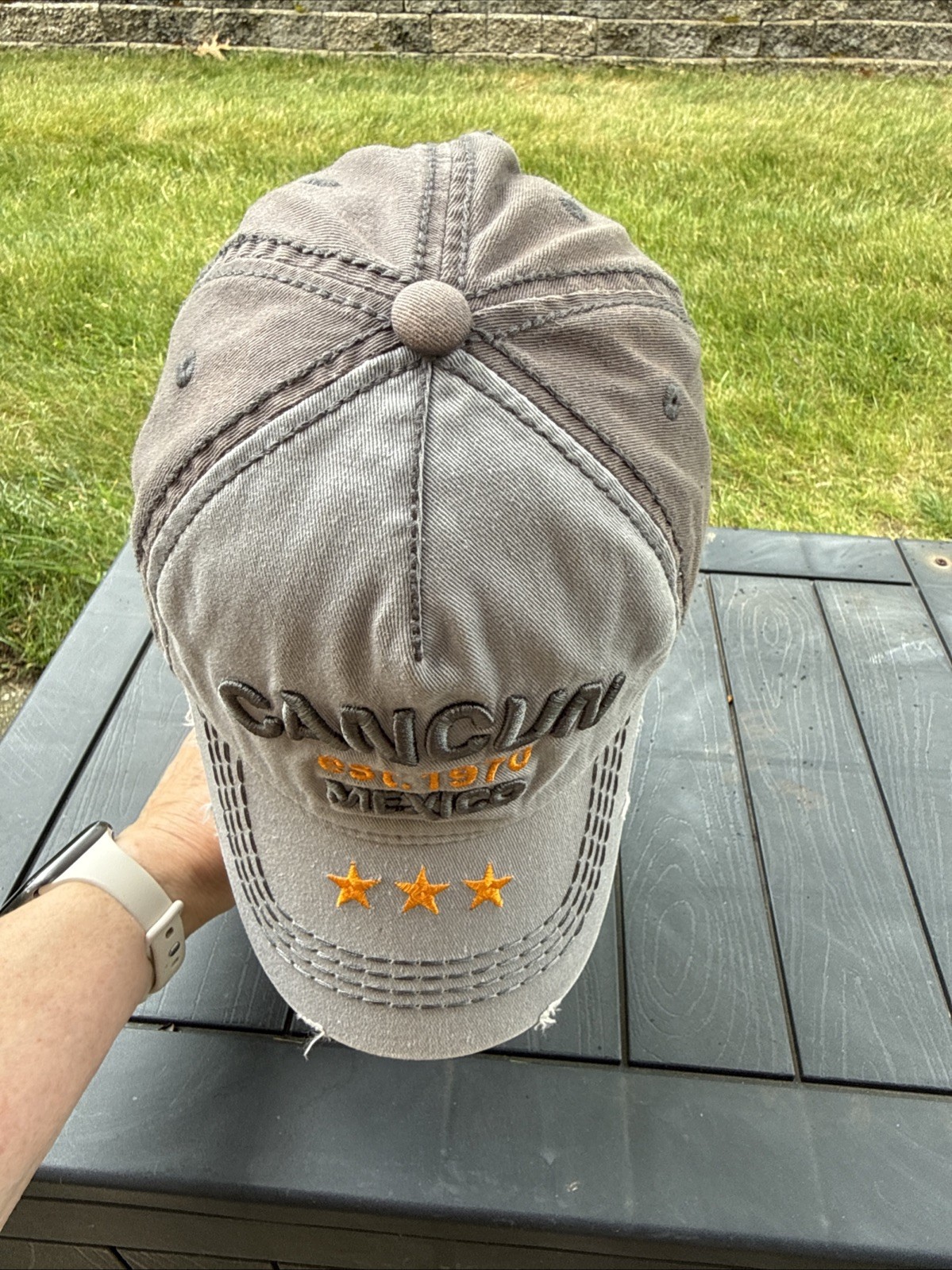 CANCUN Mexico Est 1970 Lite Dark Gray & Orange Hat Cap Distressed Hook Loop