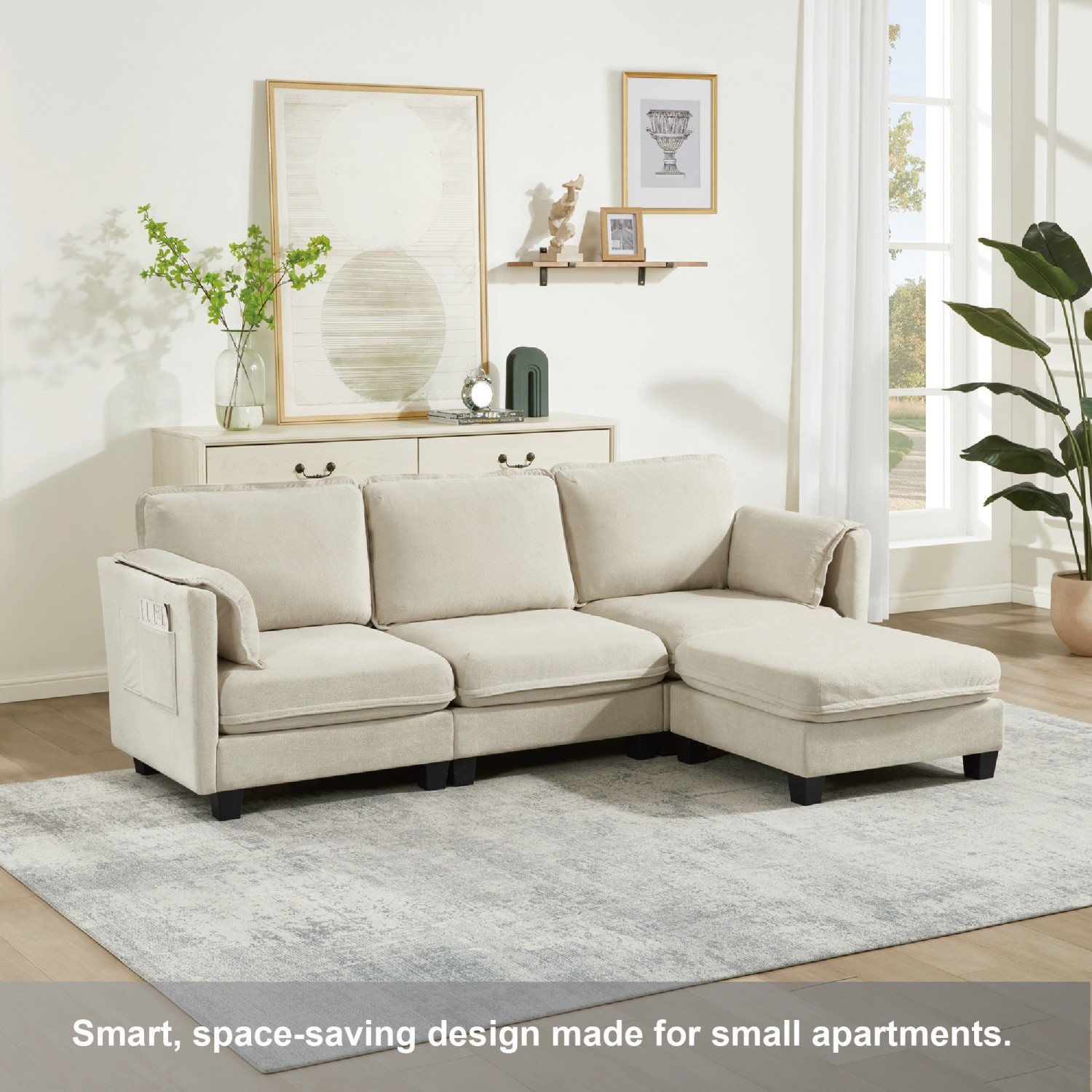 L-Shaped Sofa 4-Seater Modular Couch with Ottoman & Detachable Armrest Cushion