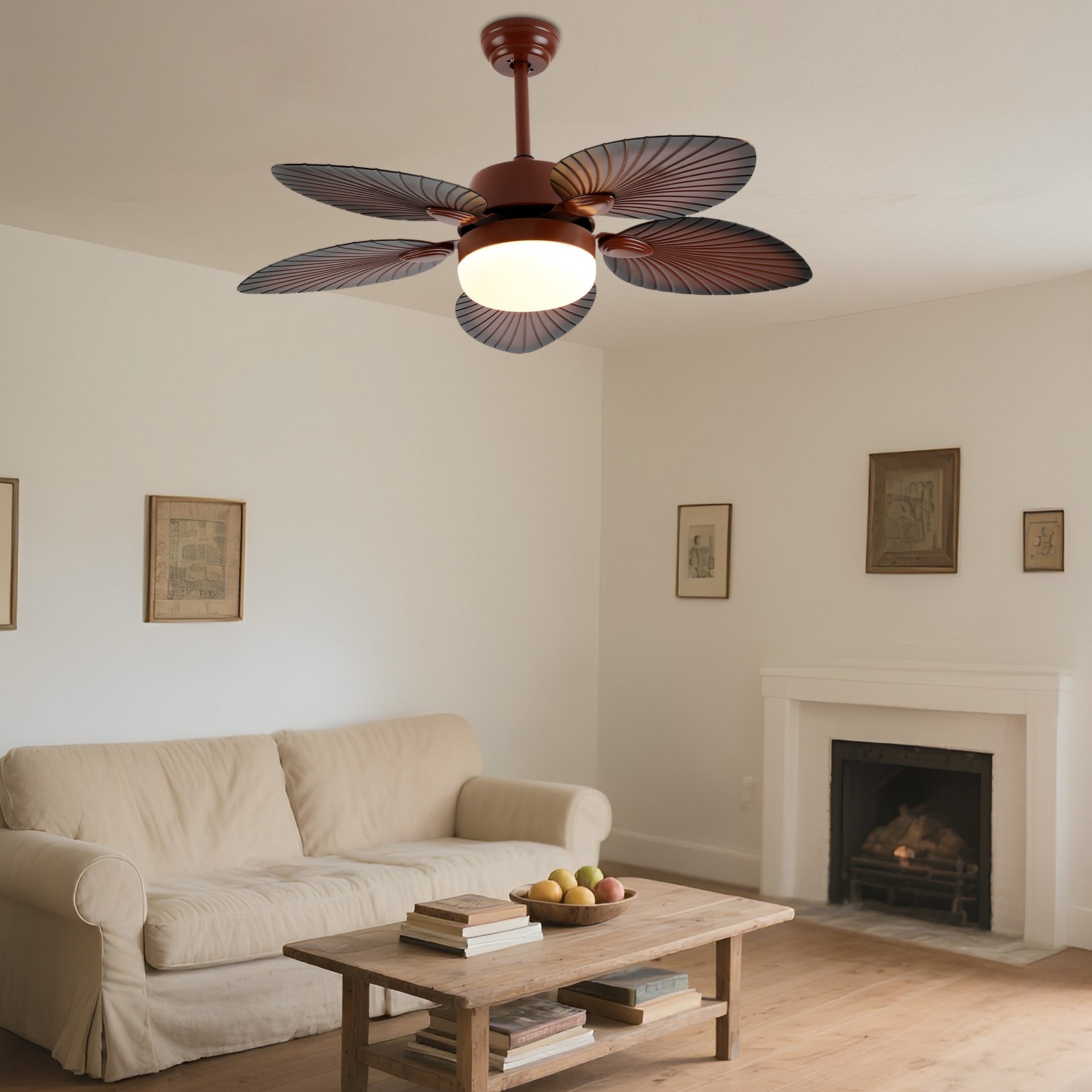 52" Tropical Ceiling Fan Light Retractable 5 Palm Leaf Blades w/ Remote Control