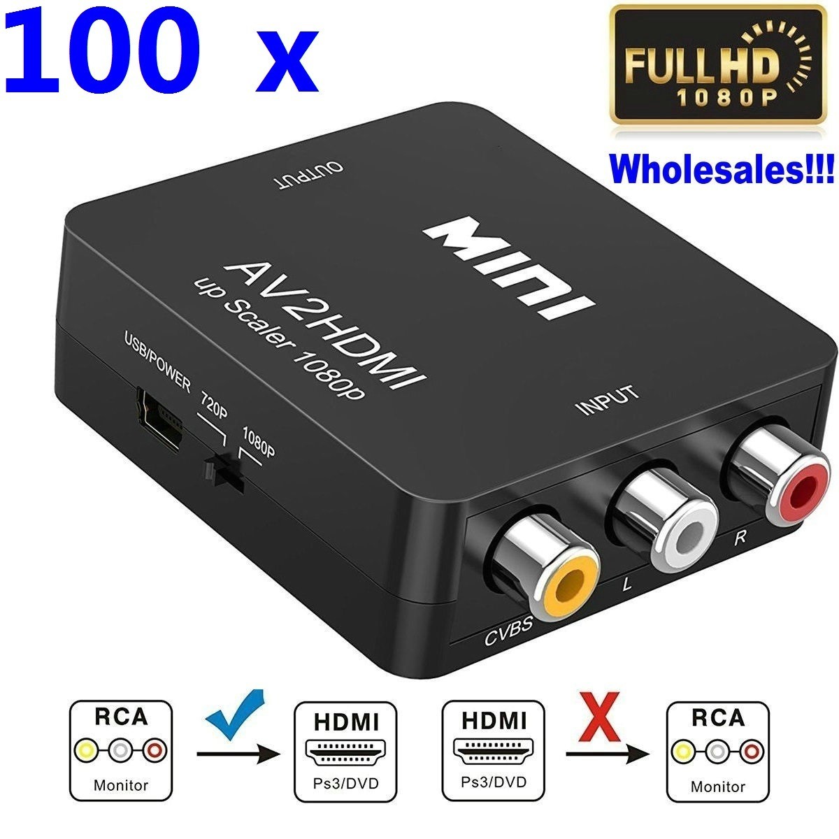 Lot 100 x Mini 3 RCA  AV/CVBS TO HDMI Adapters Converters Box AV2HDMI HD 1080P