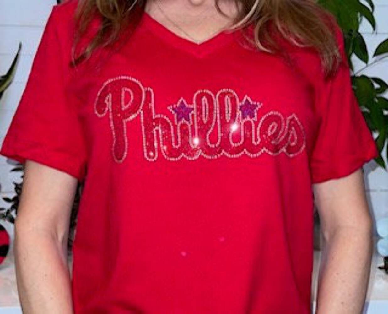 Phillies Rhinestone Bella + Canvas Women's Relaxed Jersey Short Sleeve V-Neck T-