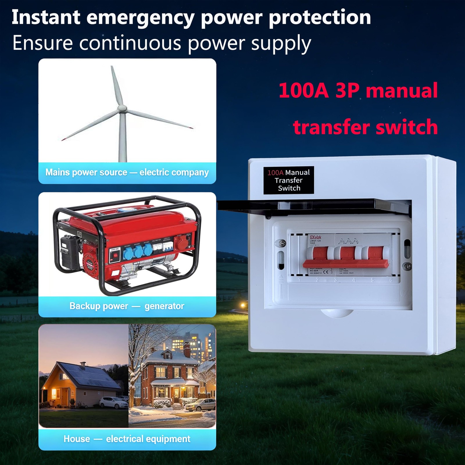 100A Generator Transfer Switch, Manual 120/240V, 24000W...