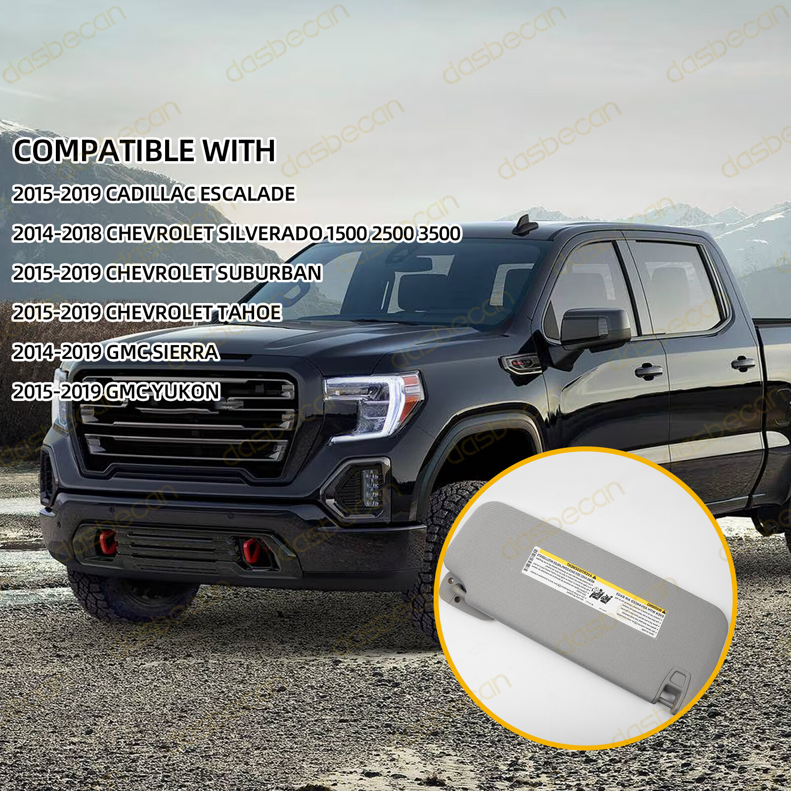 Gray Left Driver Side Sun Visor W/ Light For Cadillac Chevrolet GMC 2015-2019