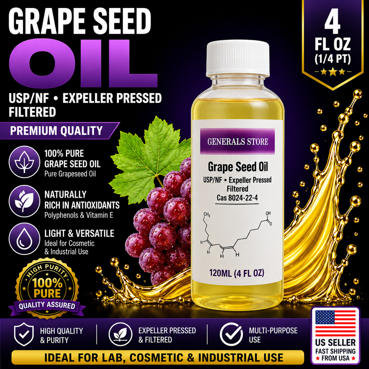 Grape Seed Oil NF/EP - USP RBDW Filtered 4 oz w/2nd ups Air