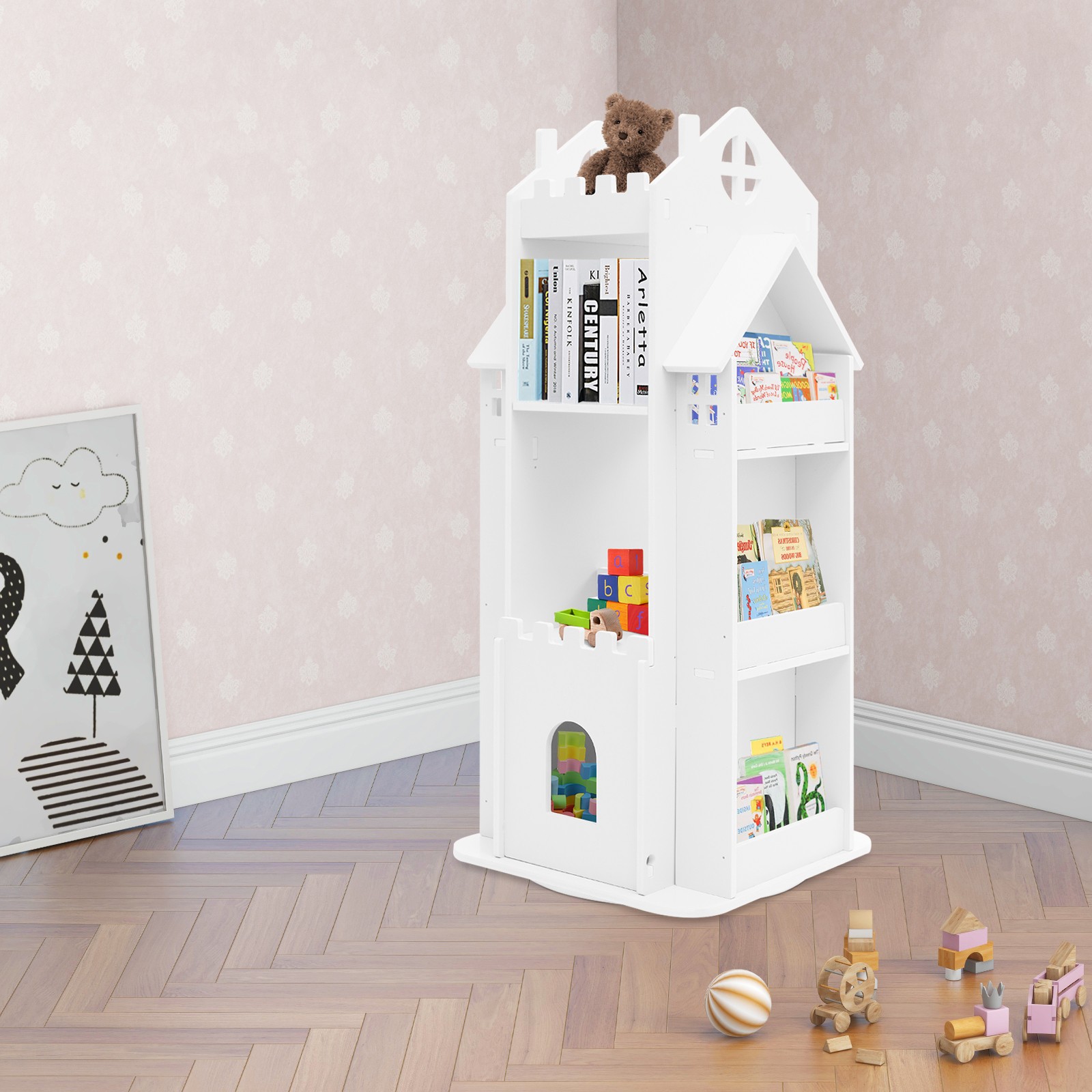 White Rotating Bookcase Kids Room Bookshelf Study Room Storage Display Shelf