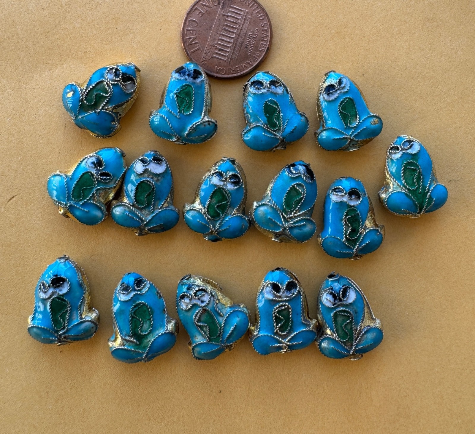 lot of 15 cloisonne beads, frog ~ blue, green and gold, 16 x 14 x 4 mm