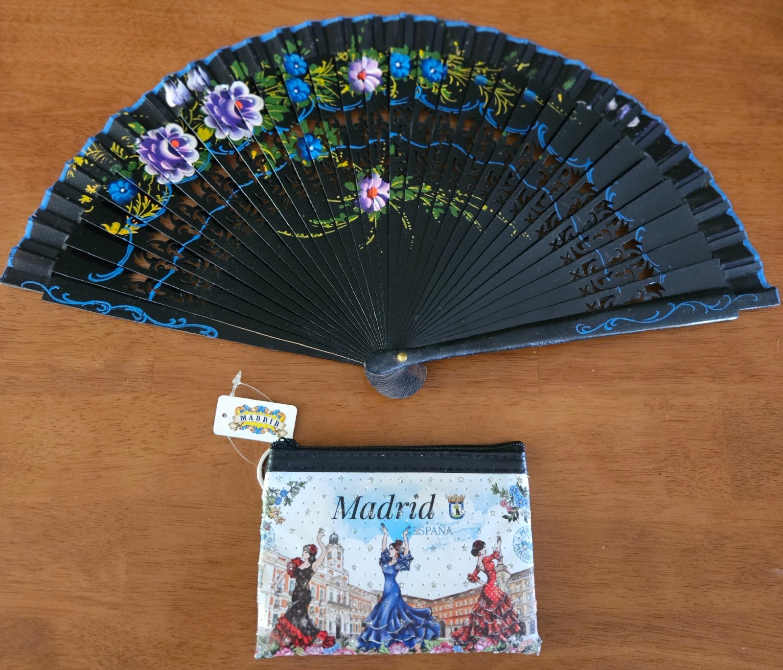 Spanish Abanico Fan Black Floral Enamel Madrid Coin Purse Set El Rastro