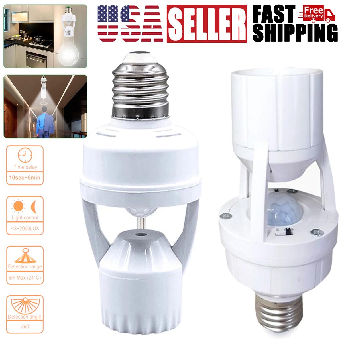2x Motion Sensor Light Socket,E26/E27 Smart Lamp Bulb Holder Adapter Auto On/Off