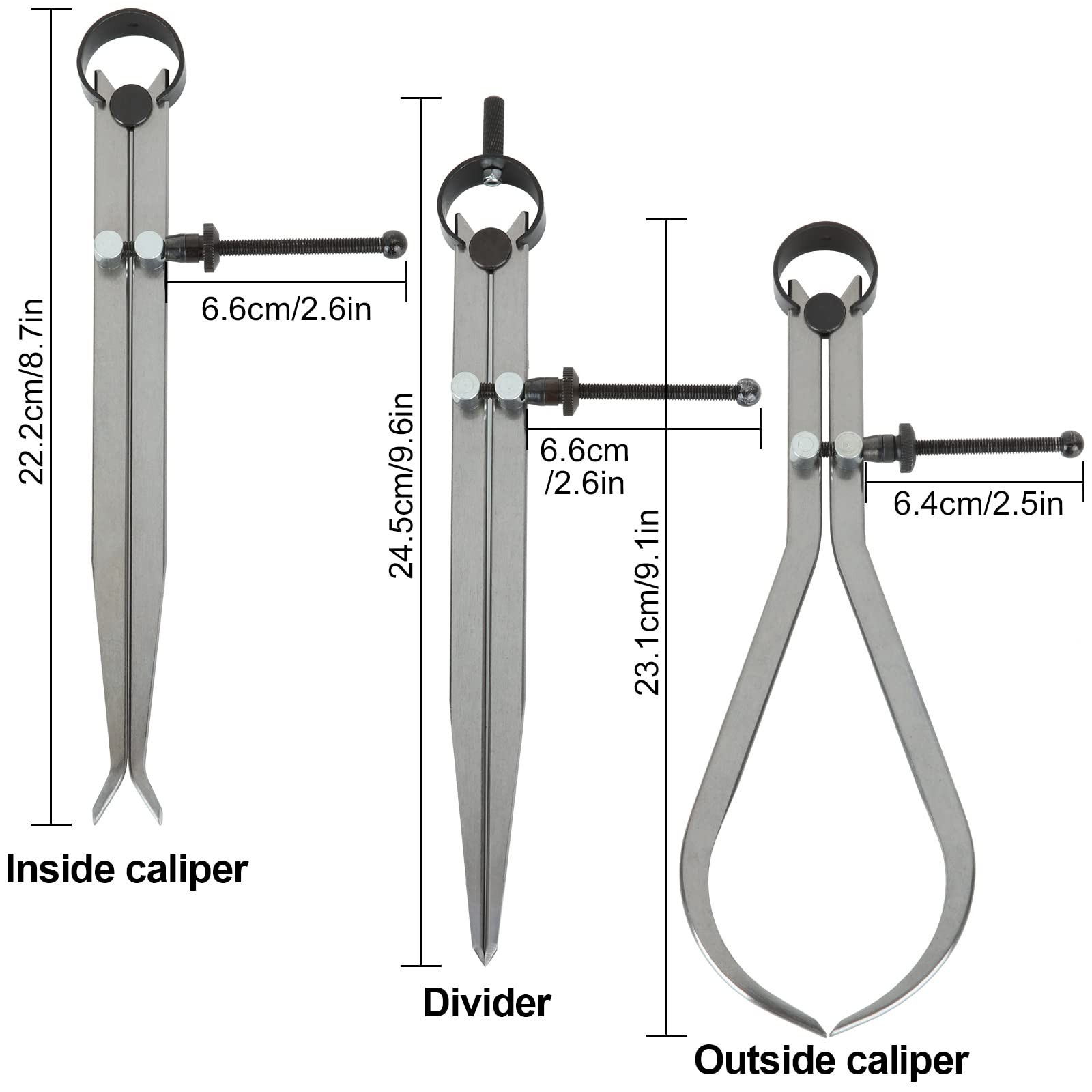 3 PCS Spring Caliper/Divider Set 8 Inch Inside Outside Measuring Tool Lathe