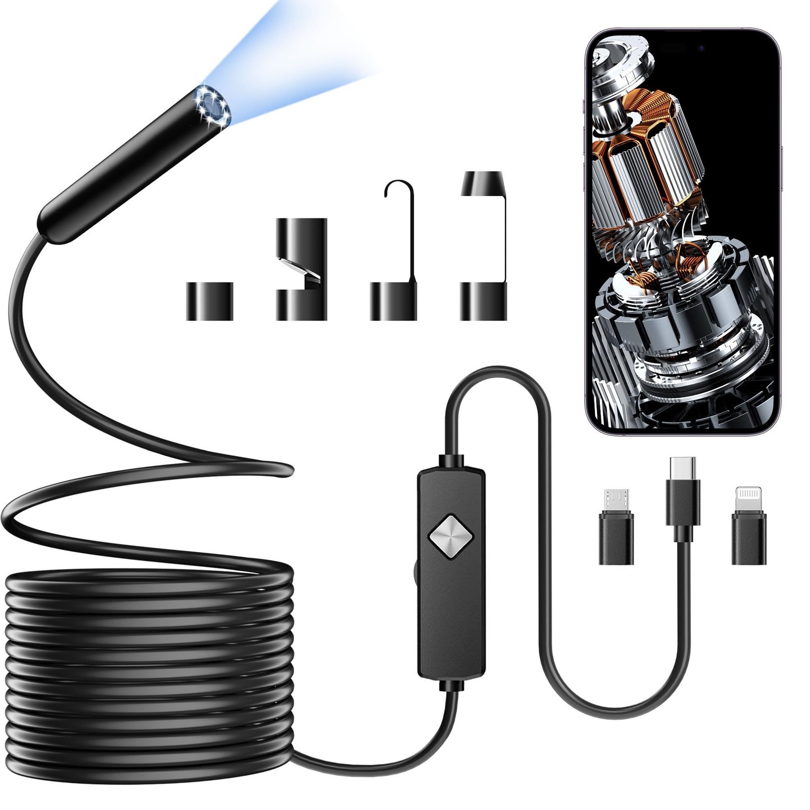 PAPIBLU Endoscope with Light, 1920P HD Borescope with 8 Adjustable LED Lights...