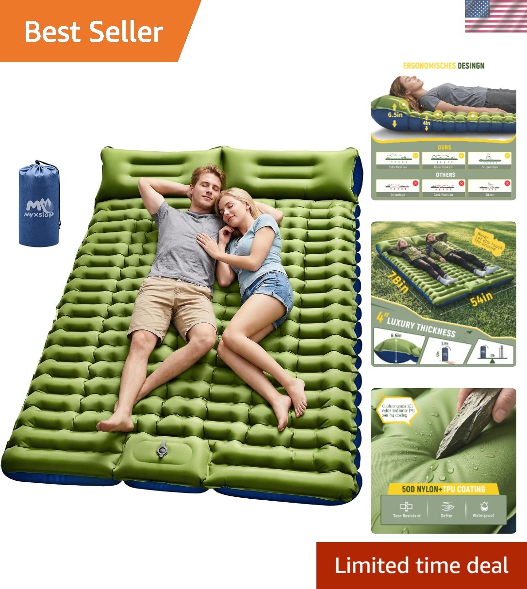 Lightweight 2 Person Inflatable Camping Mattress - Waterproof & Compact Size