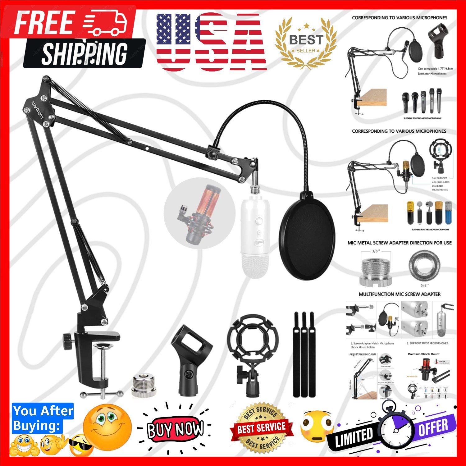 Microphone Stand for Blue Yeti, Quadcast Boom Arm Scissor Mic Stand with Wind...