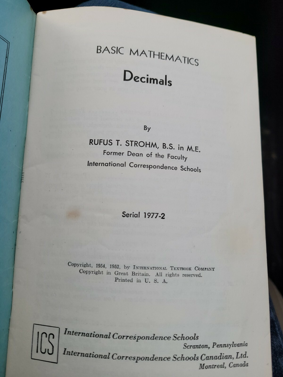 Basic Mathematics Decimals Rufus Strom 1977-2 Ed 3 ICS Stained 5" x 7.5" SY85