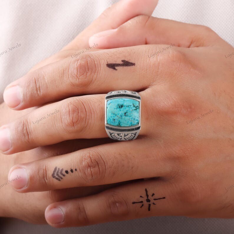 Raw Tibetan Turquoise Ring 925 Silver Ring Thunderbird Ring Men Signet Ring