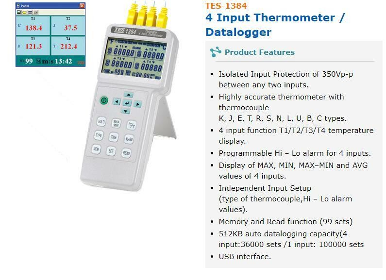 TES-1384 4 Input Thermometer Datalogger Temperature Meter Tester