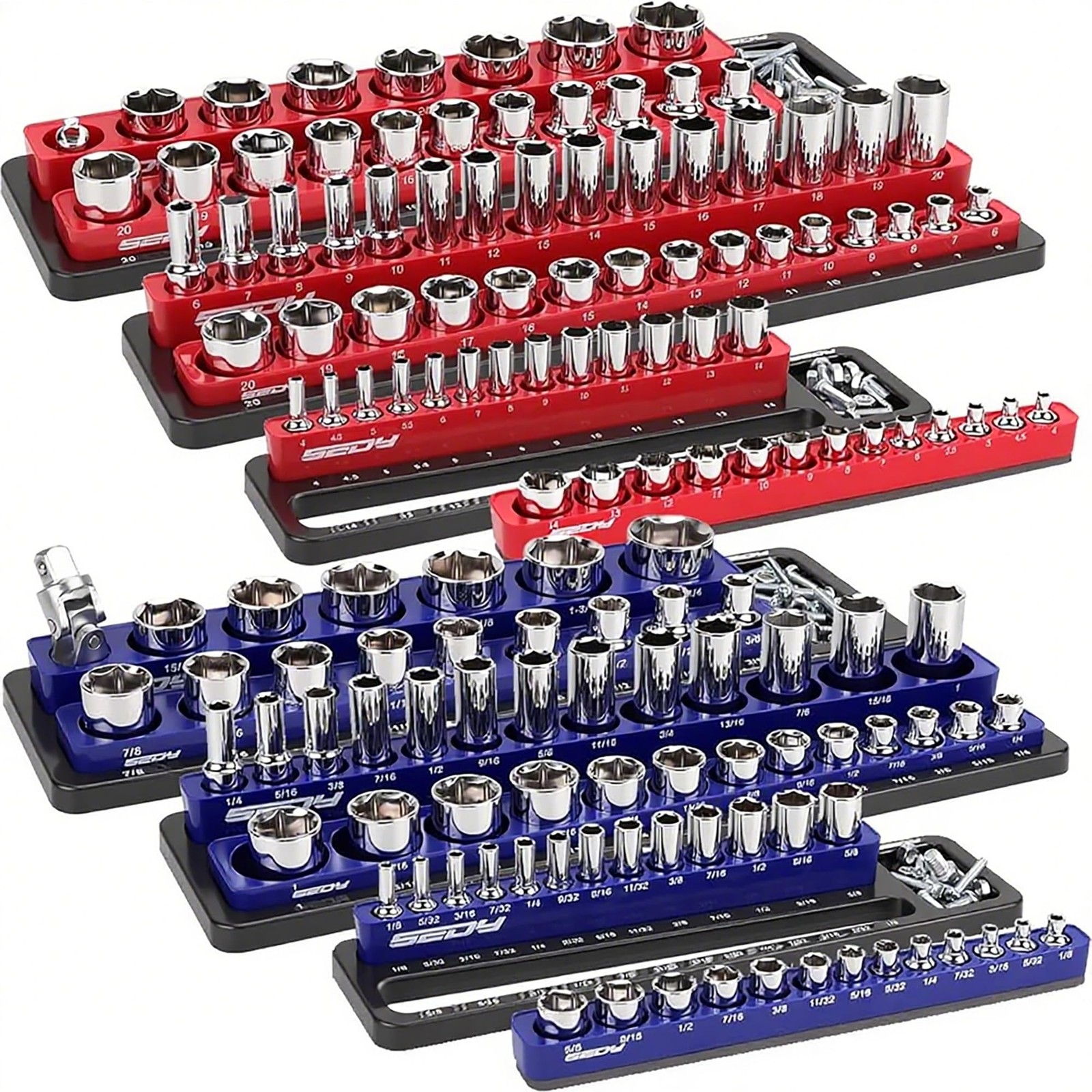 Magnetic Socket Holder 1/2 3/8 1/4 Drive Sockets Storage Tray, Red / Blue