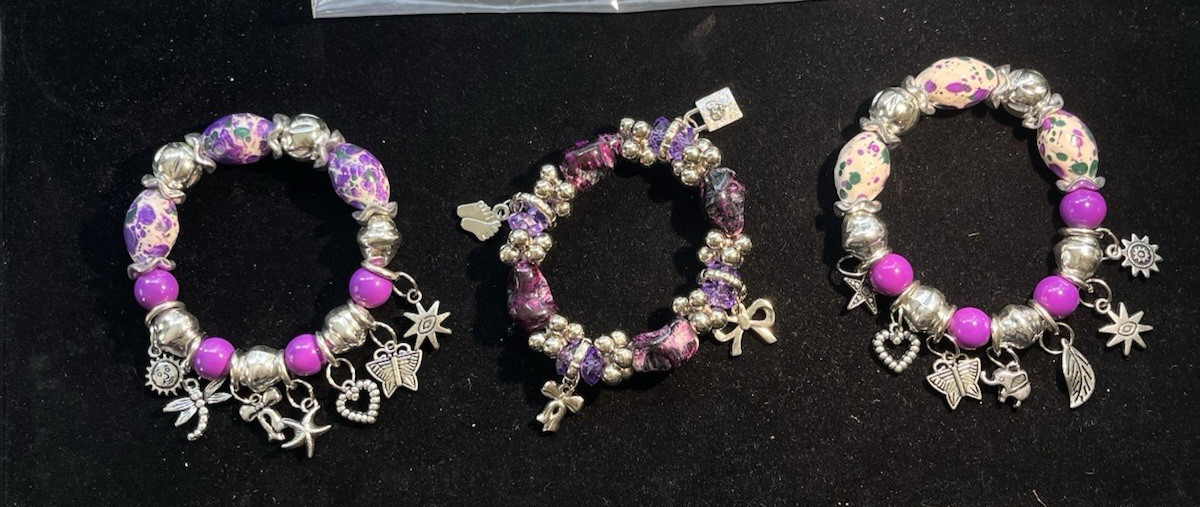 H421~ 3 Colorful Shell Bead & Silver Stretch Bracelets or Anklets Beach Purple