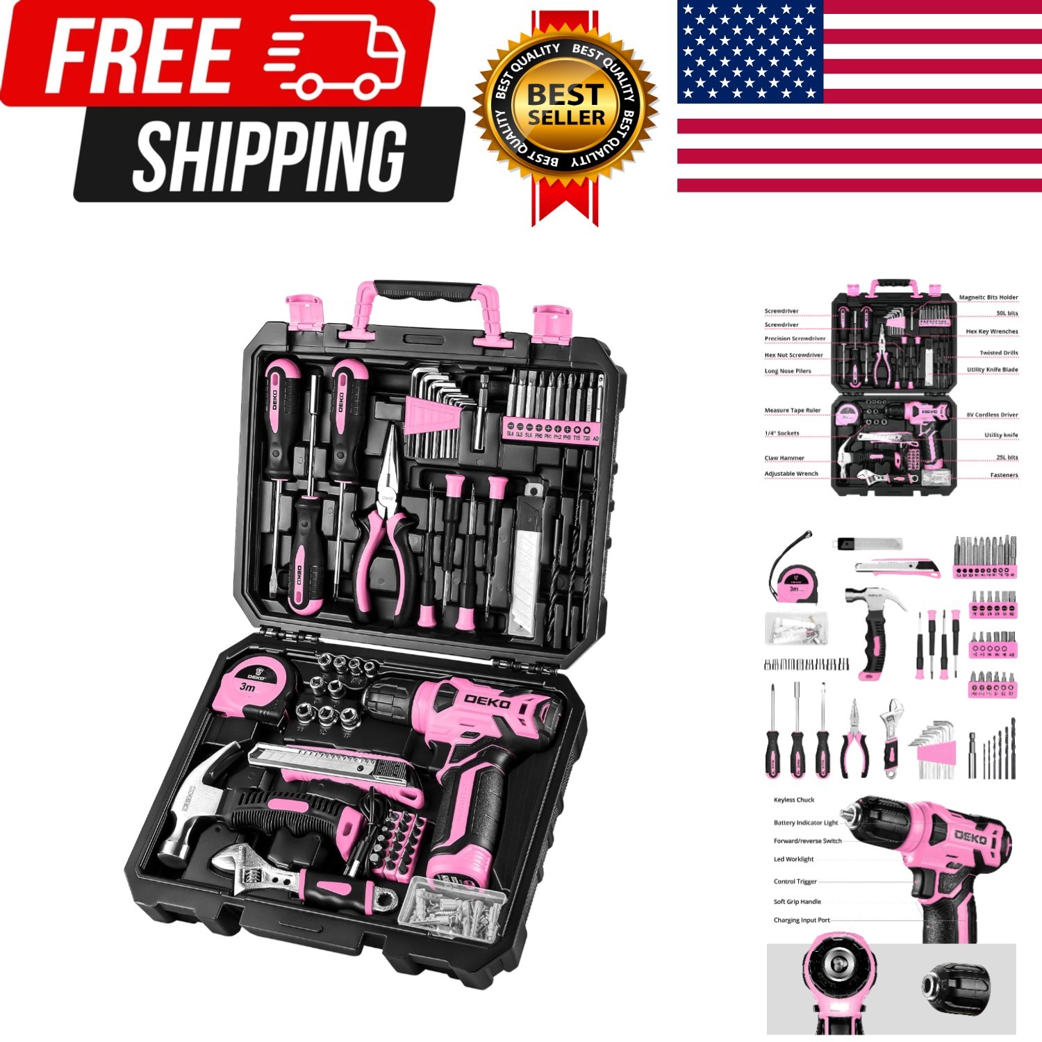 Drill Set, Home Tool Set with 8V Pink Cordless Drill, Hand Tool Kit for Women...
