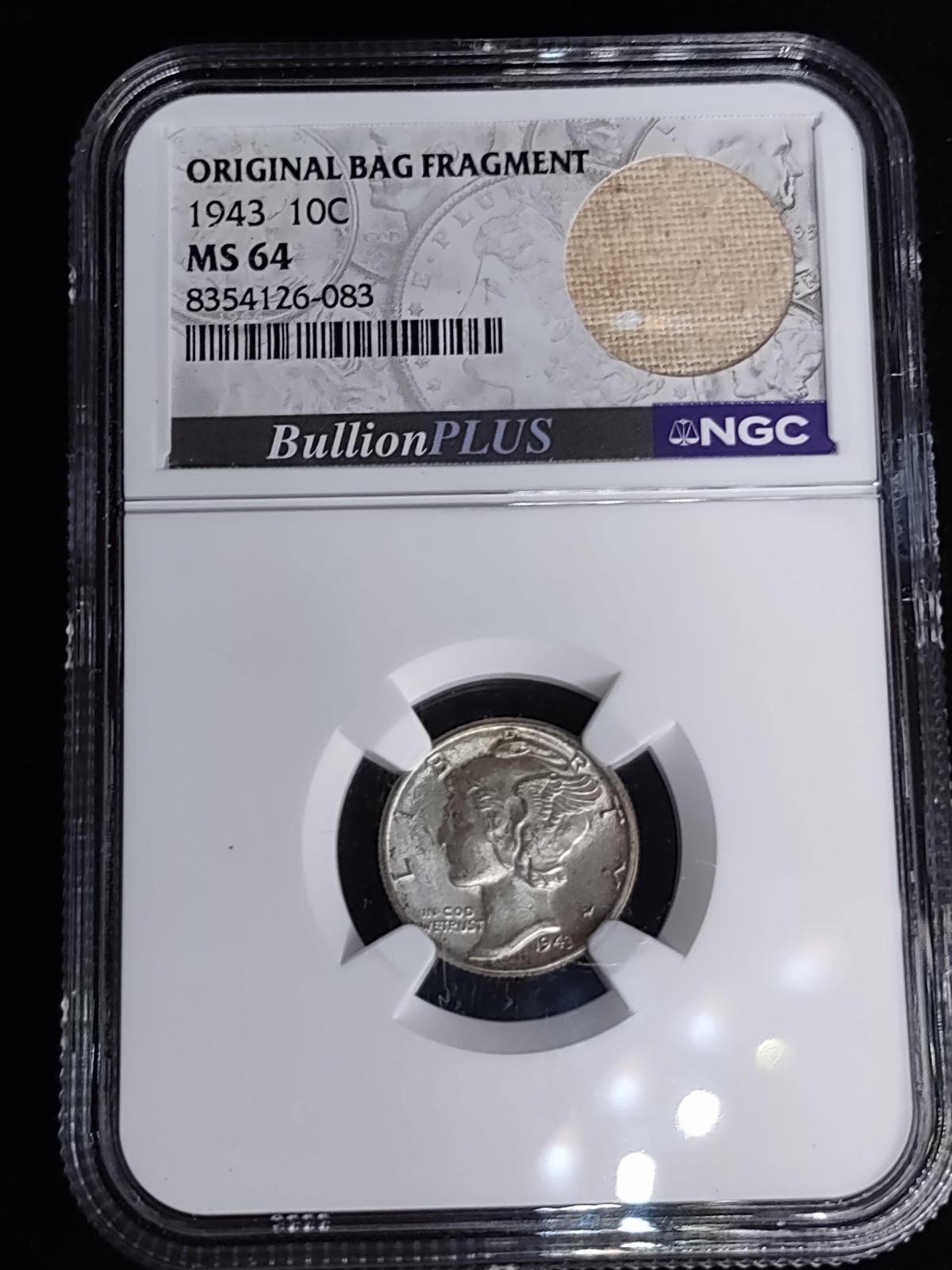 1943 Silver Mercury Dime 10C NGC MS64 with Original Bag Fragment Label