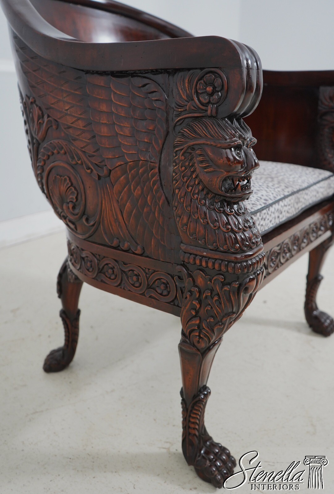 F62511EC: Monumental Ornately Carved Throne Chair w. Upholstered Seat