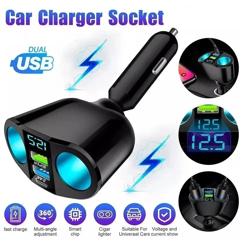 Dual-Port Car Charger Adapter Digital Display Fast Charging for Multiple Devices