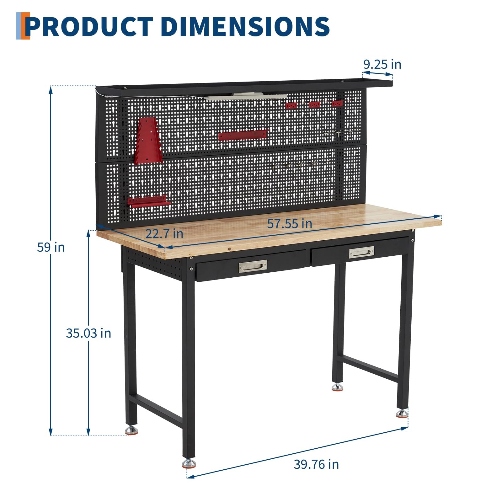 60" Adjustable Heavy Duty Workbench 2000 LBS Work Table with 2 Drawers LED Light