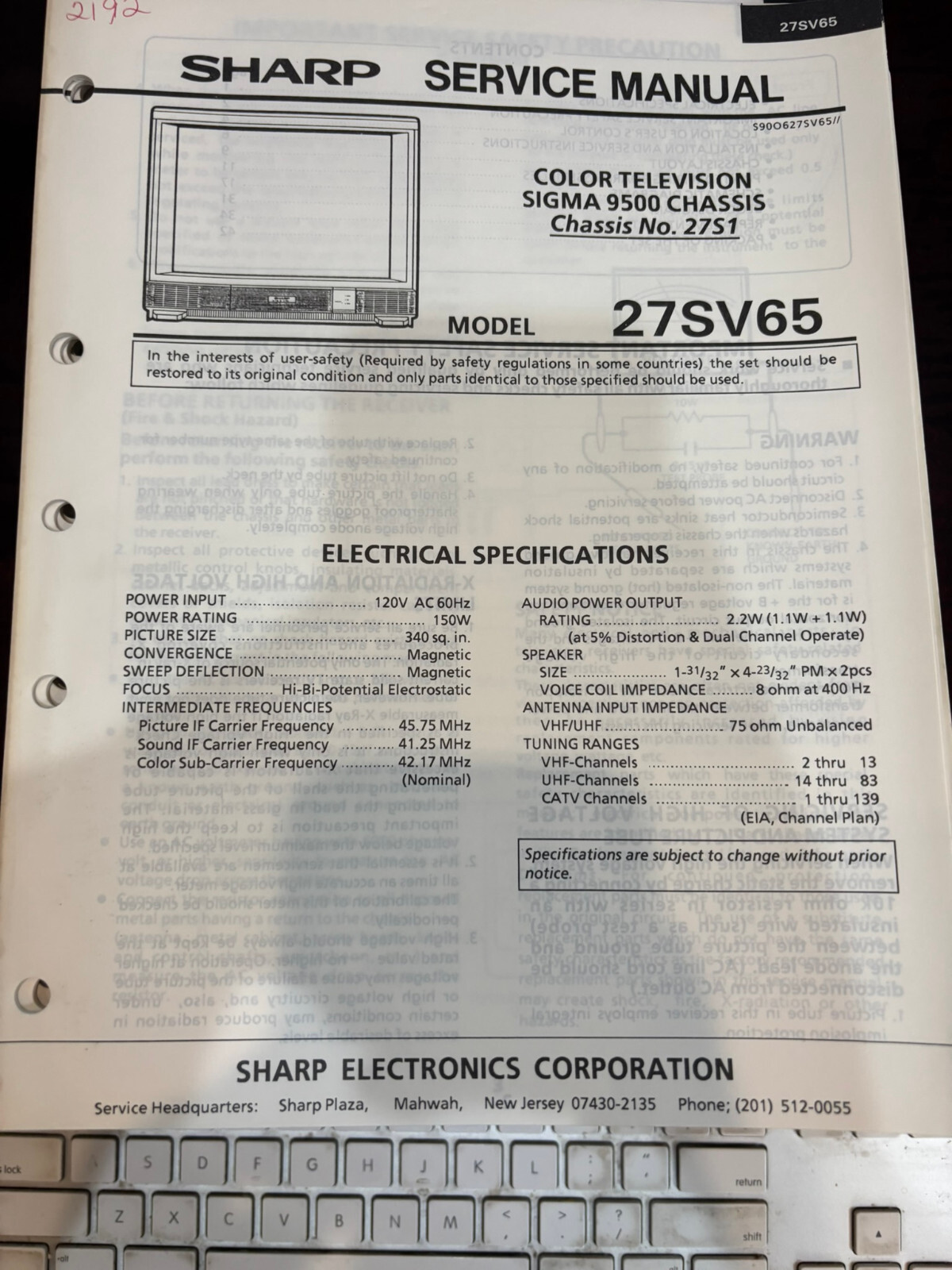 ORIG. SHARP 27SV65 TV Repair & Service Manual *ORIGINAL*