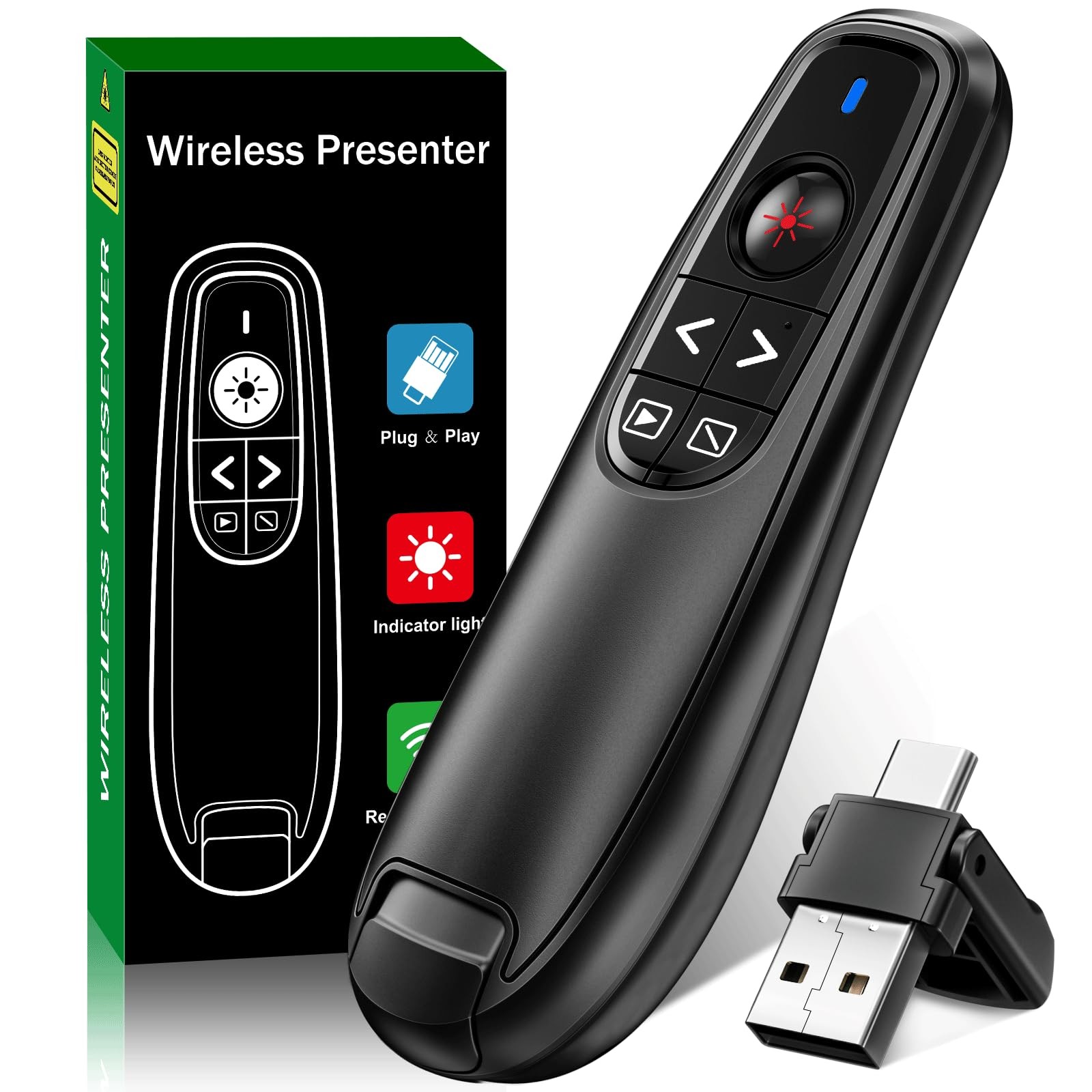 2-in-1 USB Type C Presentation Clicker, Wireless F10, A-black