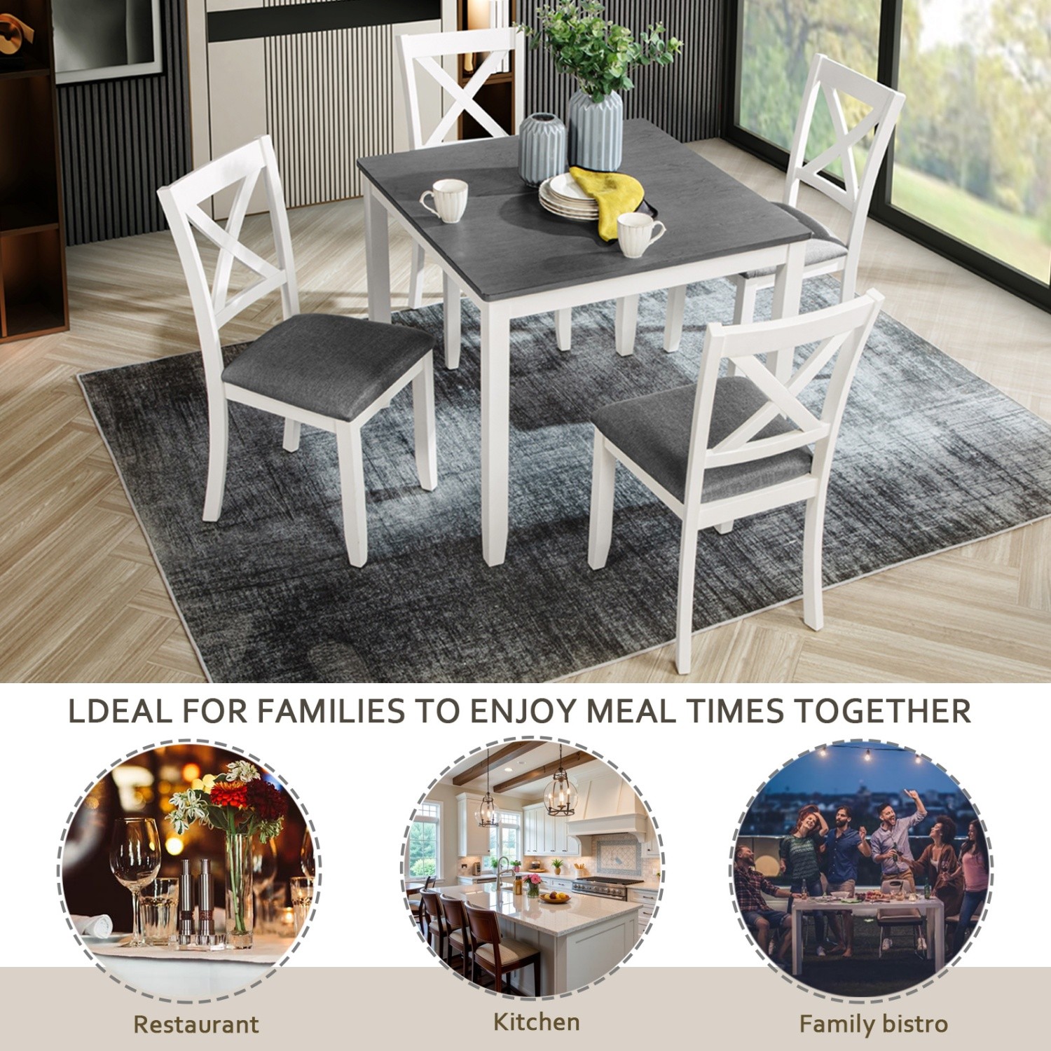 Modern 5 Piece Dining Table Set Wood Square Dining Table & 4 Chairs White & Gray